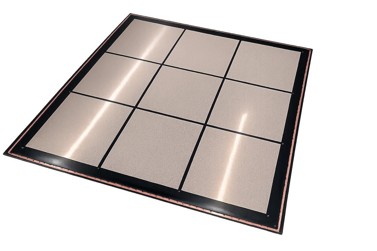 Panel workpiece with nine metallic zones shown with RNT 700 in PYXIS product material